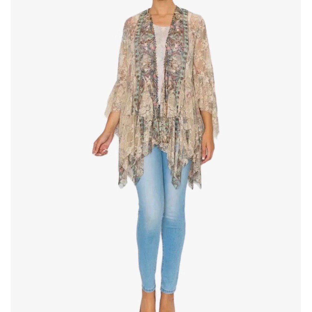 Origami by TJ Floral Lace Layered Kimono Cardigan Large Handkerchief Hem Boho